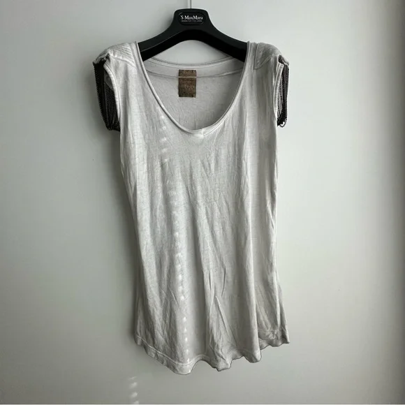 NWOT Vintage Zara Trafaluc Grey V-Neck Short Sleeve Chain Epaulette Tee M - Picture 2 of 16